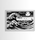 Black and White Wave Canvas Print, Hokusai Inspired Wall Art, Woodblock Print Style, Wall Art, Vintage Style Wall Art