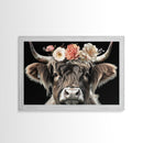 Framed Highland Cow With Flowers Painting canvas print Farmhouse art Cattle Wooden background Country wall art Cow print Rustic Wall Art