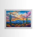 Cactus Under A Beautiful Sunset, Pop Art Style, Mid Century Modern Framed Canvas Print or Metal Art, Desert Scene Wall Art, Abstract Desert
