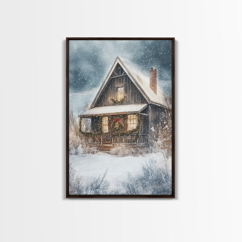 Beautiful Woods Cabin Framed Canvas Print, Extra Large Fall Decor, Mid Century Modern Winter Wall Art, Modern Christmas