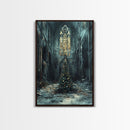 Moody Landscape Gothic Cathedral Christmas Tree Framed Canvas Print Christian Christmas Art Gift Rustic Holiday Wall Art Home Decor