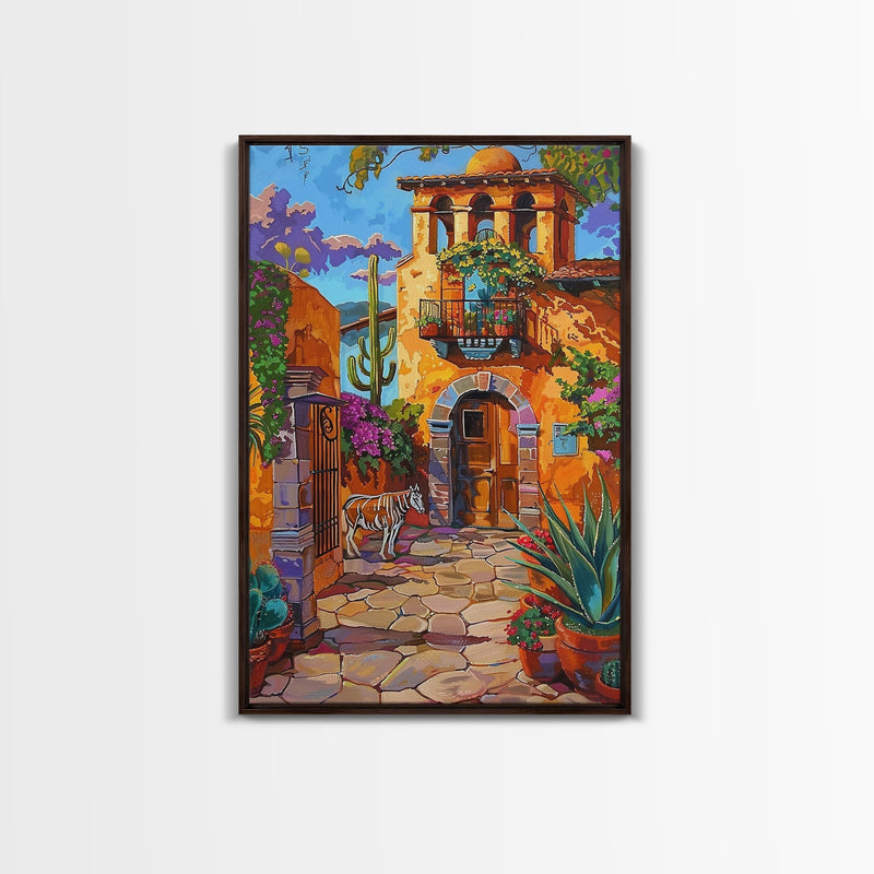 Bright Mexican Style Courtyard Tall Art Framed Canvas Print Featuring Vibrant Architecture And Desert Scenery