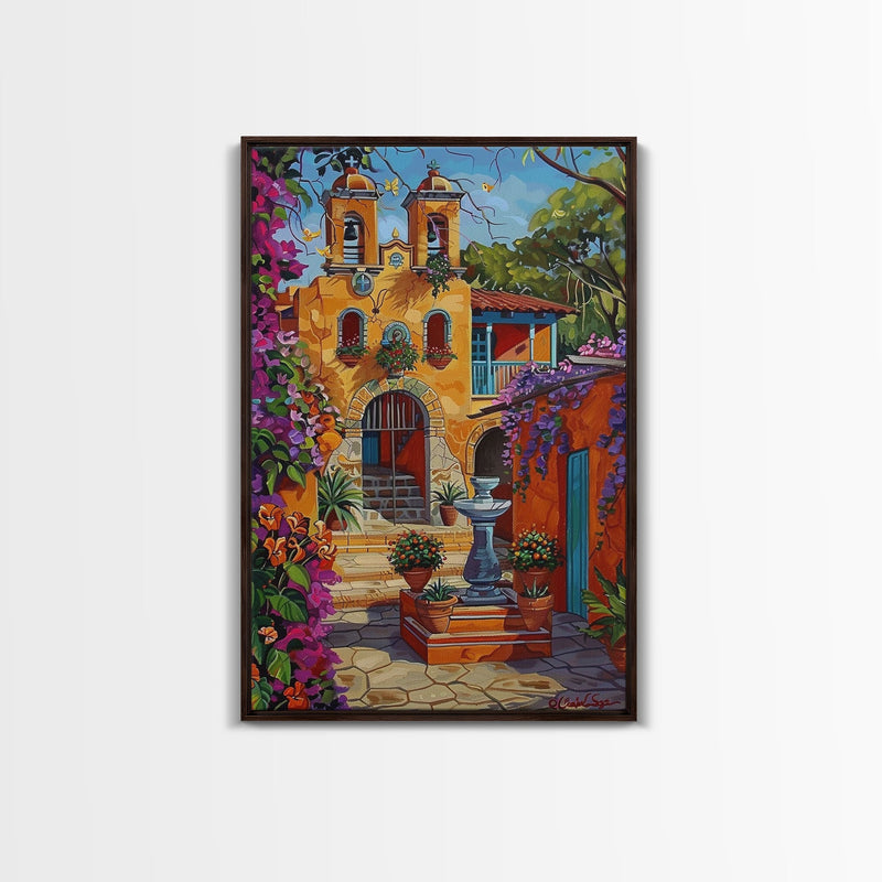 Bright Mexican Style Tall Art Framed Canvas Print Depicting Ornate Blue Door And Rustic Courtyard