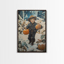 Cowboy Christmas Decor Framed Canvas Print with Pumpkin in Snow, Rustic Holiday Home Wall Art and Seasonal Gift Idea 2024