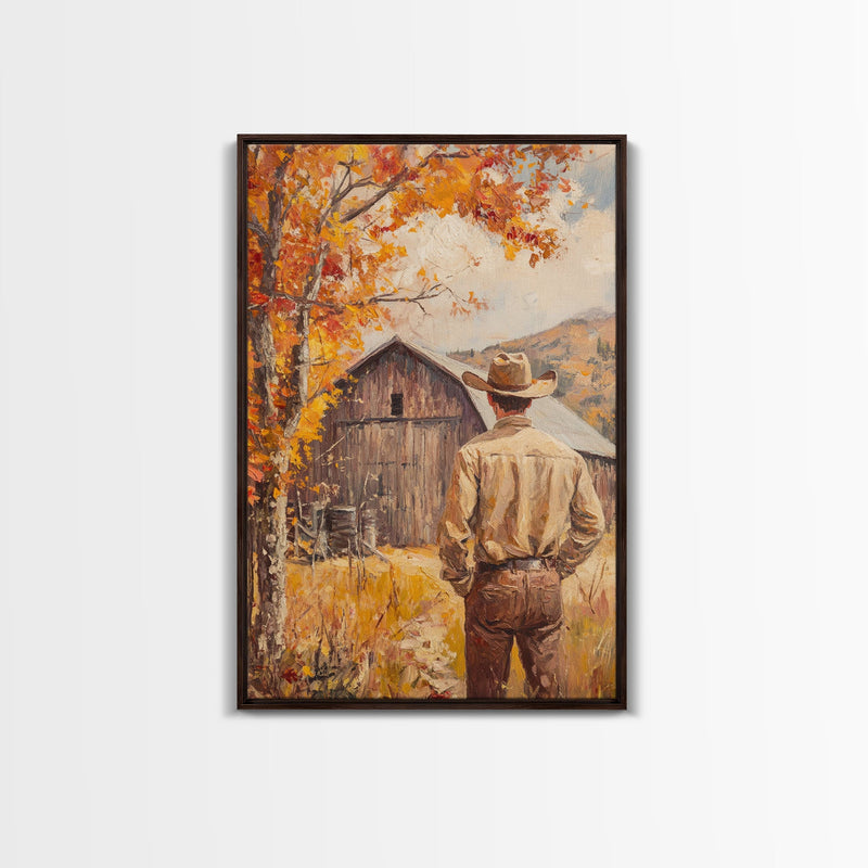 Autumn Cowboy Barn Framed Canvas Print - Fall Harvest Country Wall Art Best Gift Idea 2024 Rustic Farmhouse Decor