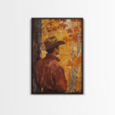 Cowboy in Autumn Forest Framed Canvas Print - Rustic Fall Wall Art Perfect Gift Idea 2024 Country Decor - Moody Landscape Art