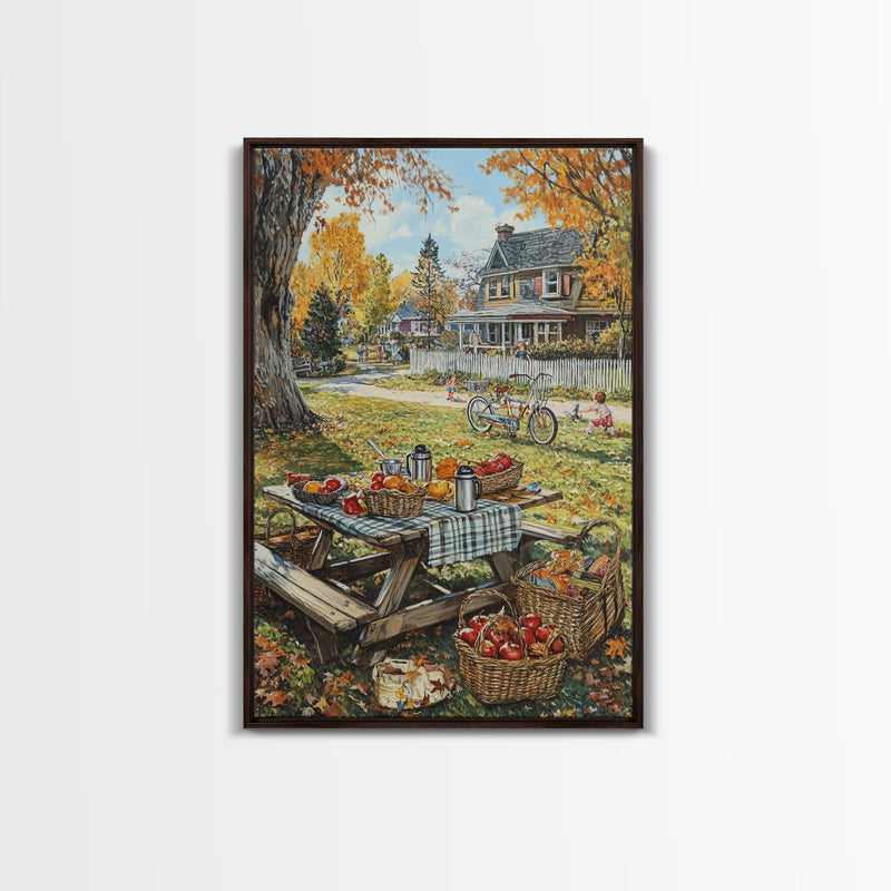 Autumn Picnic Outdoors Tall Art Framed Canvas Print With Basket Of Apples, Fall Scene Wall Art, Country Farmhouse Decor For Kitchen