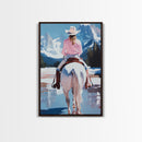 Female Cowboy Riding Through Winter Mountains Framed Canvas Print Christmas Wall Art Winter Wonderland Vintage Christmas Gift Wall Art