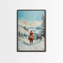 Cowboy Riding Through Snowy Mountains Framed Canvas Print Christmas Wall Art Winter Wonderland Decor Seasonal Wall Art Christmas Gift Idea