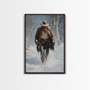 Cowboy Riding Horse in Snowy Forest Canvas Print, Winter Wall Art, Western, Rustic Christmas Wall Art, Seasonal Holiday Decor, Canvas Print