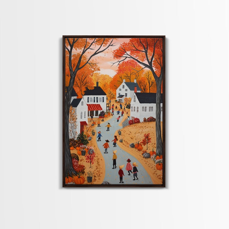 Autumn Village Scene Framed Canvas Print Tall Art With Fall Leaves And Pumpkins, Cozy Wall Art For Seasonal Farmhouse Decor