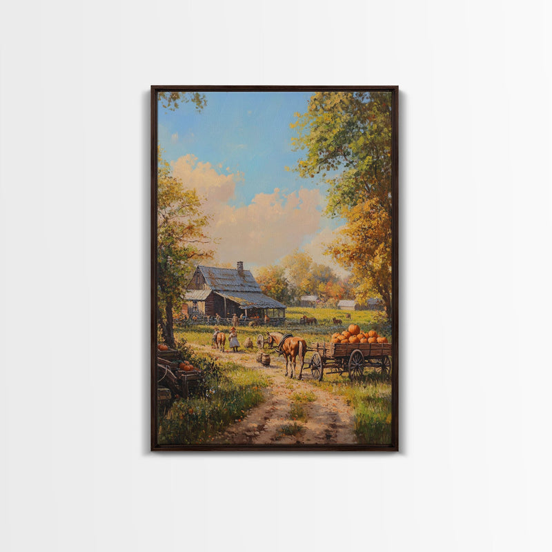 Autumn Farmhouse Harvest Scene With Pumpkins Framed Canvas Print Fall Wall Art Seasonal Home Decor Thanksgiving Wall Art Rustic Gift Idea