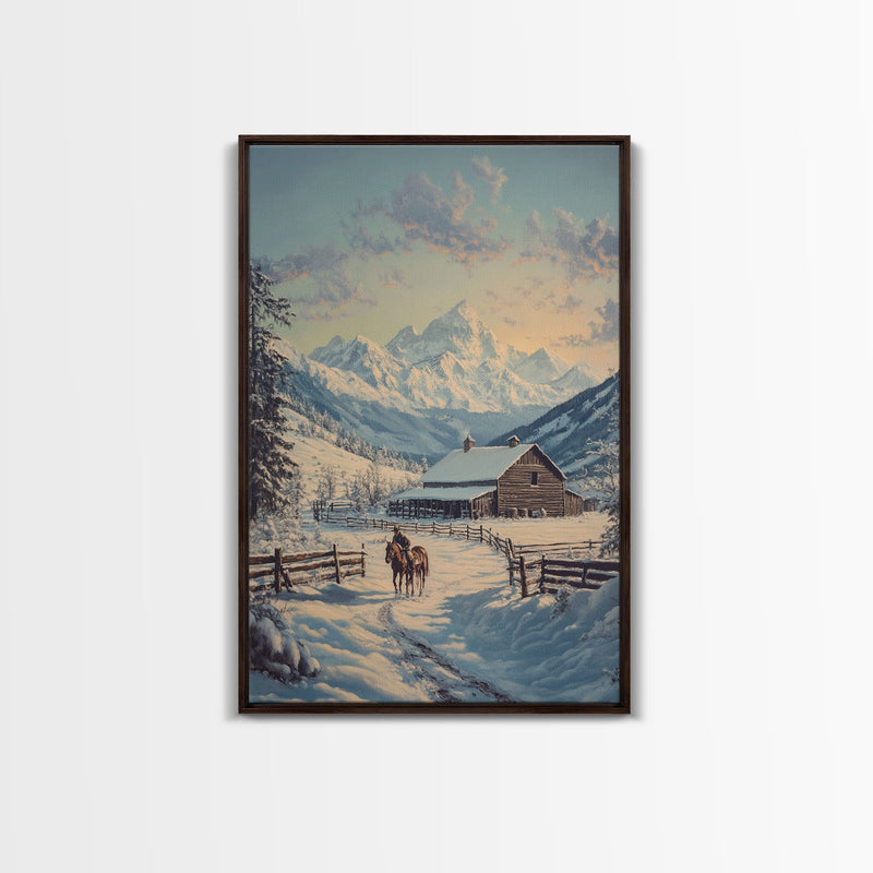 Winter Ranch Scene With Horses Framed Canvas Print Snowy Mountain Landscape Rustic Country Christmas Art Perfect For Farmhouse Wall Decor