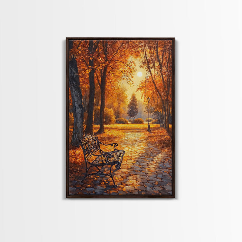 Autumn Park Bench Scene With Trees And Lamppost Framed Canvas Print Wall Art Fall Decor, Rustic Autumn Art Gift, Seasonal Canvas Art