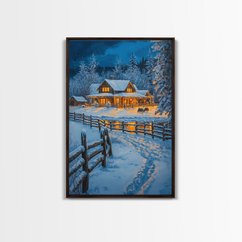 Warm Log Cabin In Snow Framed Canvas Print Wall Art Winter Holiday Decor, Country Christmas Art Gift, Rustic Winter Wonderland Art