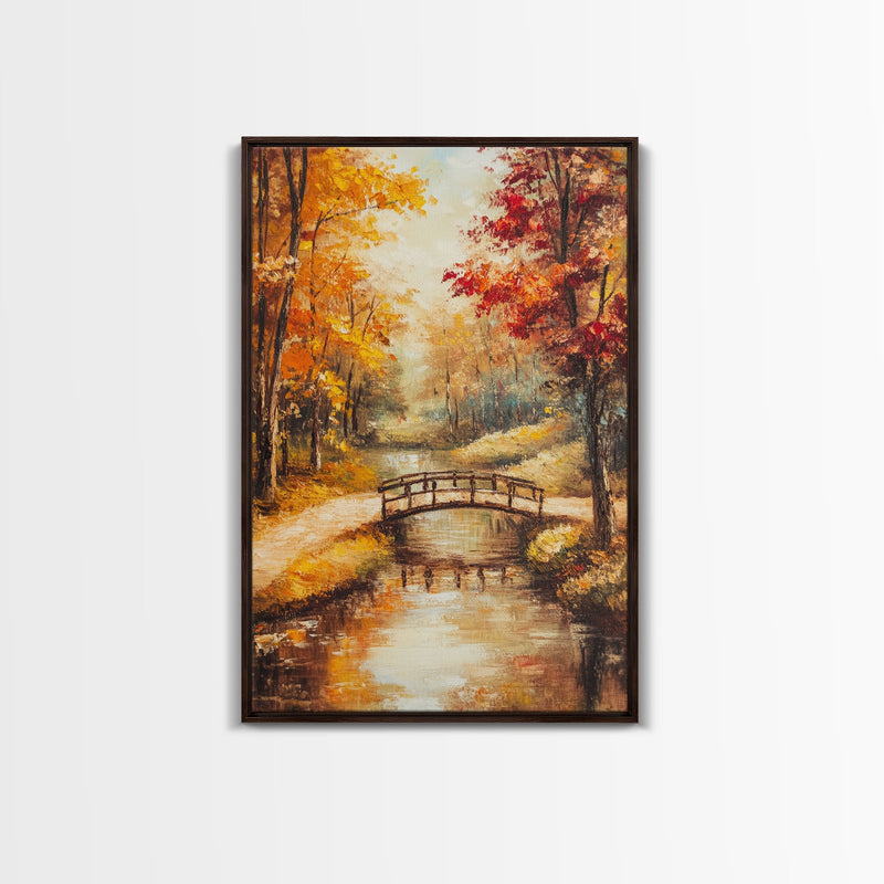 Autumn Bridge Over Stream Framed Canvas Print Wall Art Fall Landscape Decor, Rustic Autumn Art Gift, Seasonal Wall Art