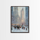 Historical City Winter Framed Canvas Print, Snowy Urban Landscape with Carriages and Victorian Architecture, Elegant Christmas Wall Art