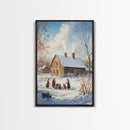 Snowy Country Homestead Framed Canvas Print, Winter Family Gathering Outside Farmhouse, Rustic Christmas Wall Art Holiday Seasonal Decor