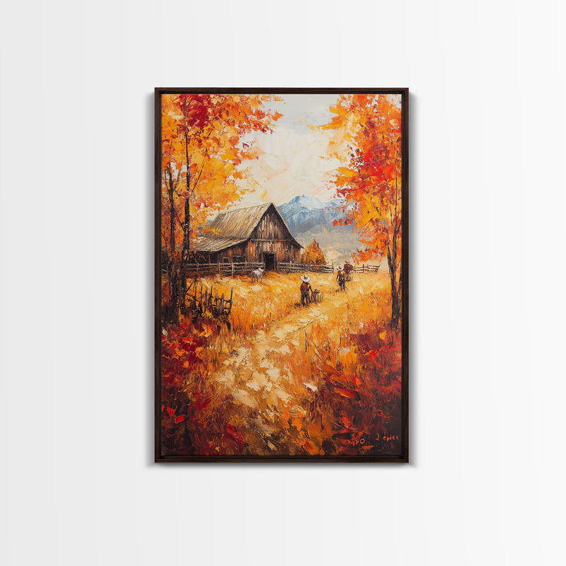 Autumn Barnyard Framed Canvas Print, Vibrant Fall Landscape Cowboy and Barn, Perfect Rustic Wall Art Farmhouse or Ranch Style Fall Decor