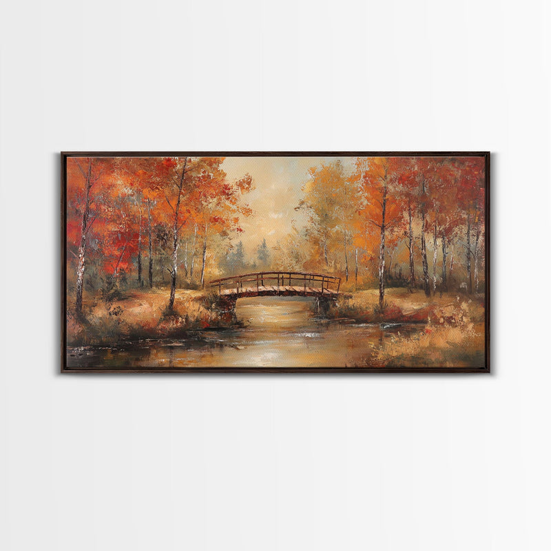 Autumn Bridge Over Quiet River Tall Art Framed Canvas Print Serene Fall Landscape With Colorful Foliage And Peaceful Reflections