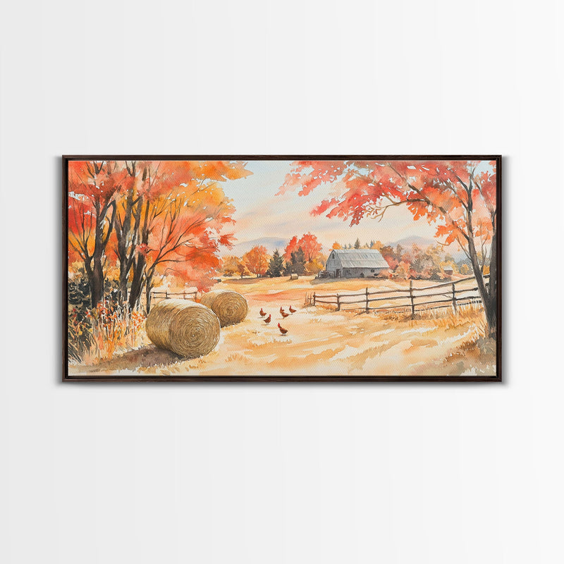 Autumn farmhouse decor Canvas Print fall landscape with barn and chickens harvest season gift idea rustic fall wall art holiday home decor