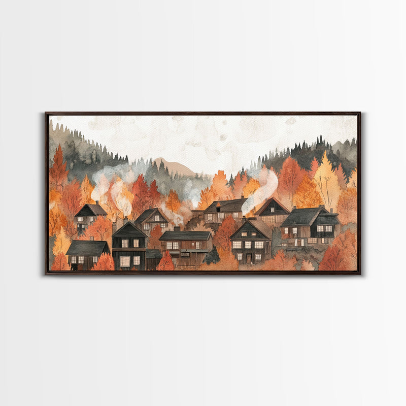 Autumn village decor Framed Canvas Print rustic village with fall trees cozy seasonal wall art gift idea moody landscape autumn home decor