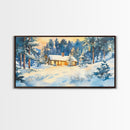 Winter cabin decor Framed Canvas Print snowy cabin and trees winter wonderland cozy holiday wall art gift idea Christmas home decor