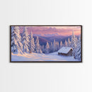 Mountain Cabin At Sunrise Tall Art Framed Canvas Print Winter Snow Covered Trees And Cabin In Mountains With Pastel Sky