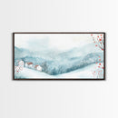 Winter mountain village art, snow-covered landscape, holiday wall art, winter wall decor, cozy winter home decor, framed canvas print