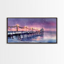 Snow-Covered Pier at Dusk with Christmas Lights, Framed Canvas Print, Coastal Holiday Decor, Winter Wonderland, Nautical Christmas Wall Art