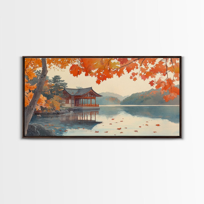 Autumn Japanese Lake House Canvas Print | Fall Wall Art Home Decor | Seasonal Fall Art | Gift Idea | 2024 Autumn Home Wall Art