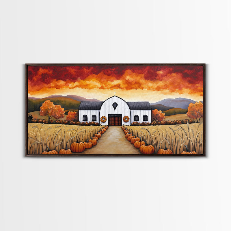 Autumn pumpkin farm with barn, canvas print, fall farmhouse decor, rustic autumn home decor, cozy fall harvest wall art for seasonal display