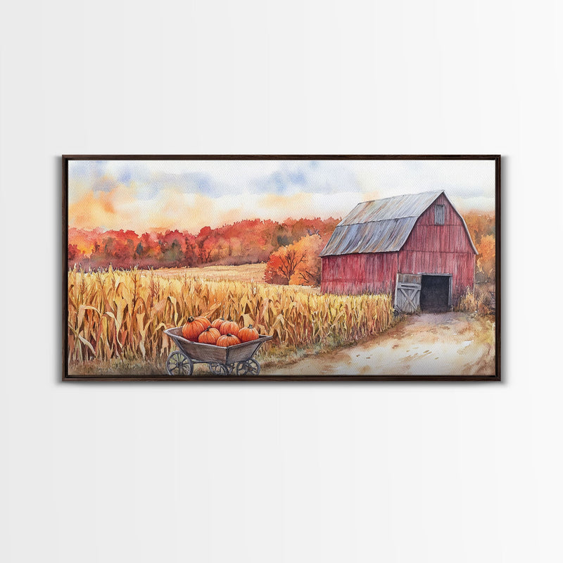 Autumn Barn with Pumpkins in Wheelbarrow, Farmhouse Fall Decor, Framed Canvas Print, Seasonal Wall Art, Country Home Decor, Gift Idea