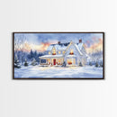 Cozy Winter House with Snowy Landscape, Christmas Decor, Framed Canvas Print, Farmhouse Christmas Decor, Seasonal Wall Art, Gift Idea