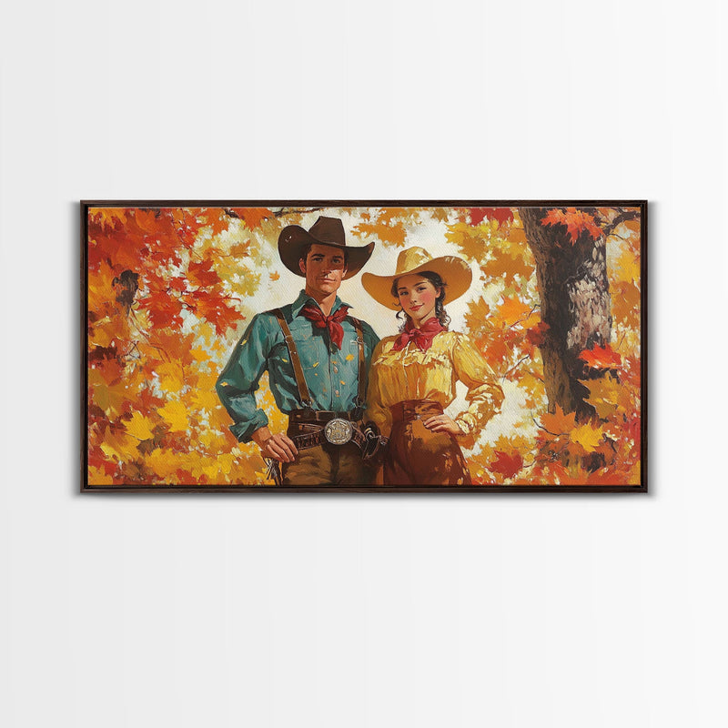 Autumn Cowboy In Forest Framed Canvas Print Western Cowboy Wall Art Fall Cowboy Gift Rustic Wall Decor Moody Landscape Above Sofa