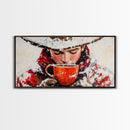 Cowboy in forest with burning fire, deep autumn hues, Framed Canvas Print, moody landscape, fall western art, rustic wall piece, wall decor