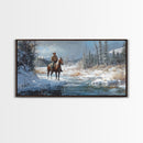 Cowboy riding horse through vibrant autumn forest, Framed Canvas Print, tall fall wall art, rustic western decor, moody landscape