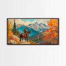Female cowboy in fall forest, Framed Canvas Print, tall striking artwork rustic or modern farmhouse seasonal wall art