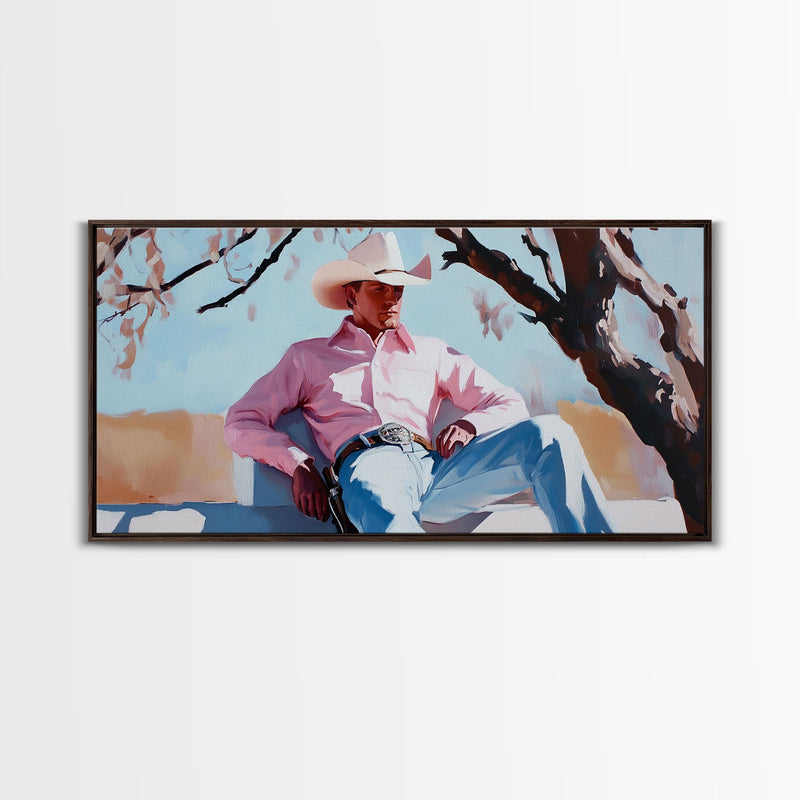 Autumn-themed portrait Framed Canvas Print of a woman in a cowboy hat holding a cup of coffee, surrounded by fall leaves, cozy fall decor