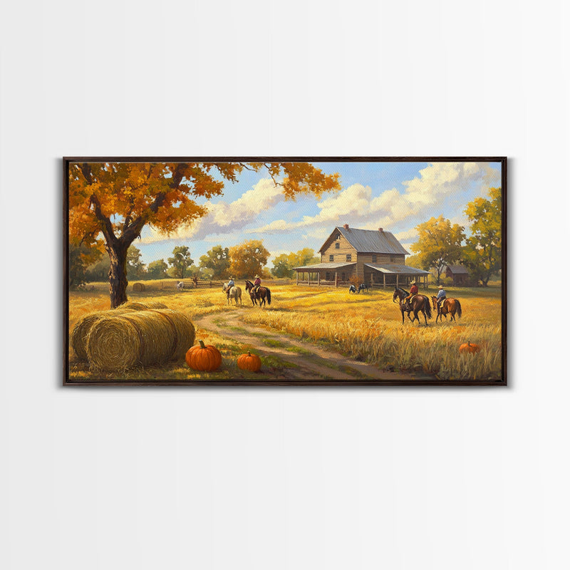 Autumn Ranch Framed Canvas Print Pumpkin Patch Rustic Art Country Home Decor Large Fall Wall Art Farmhouse Style Thanksgiving Decor