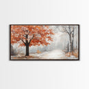 Misty Forest Path with Orange Leaves Framed Canvas Print, Ideal Autumn Decor or Fall Wall Art for Cozy Home Interiors