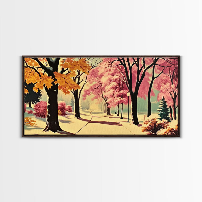 Autumn Park Path Framed Canvas Print, Warm Fall Trees and Pathway Wall Art, Seasonal Fall Home Decor, Farmhouse Gift Idea, Holiday Wall Art