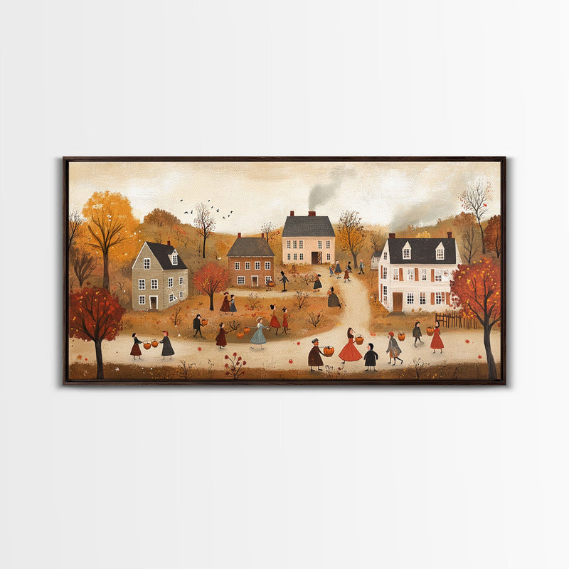 Autumn Harvest Village Scene Framed Canvas Print - Cozy Fall Decor and Seasonal Wall Art with Country Charm and Autumn Ambiance