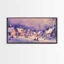 Serene Christmas Village Framed Canvas Print, Snowy Winter Landscape with Families Sledding in a Cozy Neighborhood Holiday Art