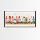 Surfboard Christmas Decor Framed Canvas Print, Coastal Holiday Scene with Festive Garland and Beachy Vibes Tropical Christmas Art