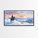 Lone Cowboy In Golden Prairie Framed Canvas Print Tall Art Rustic Autumn Landscape Western Country Decor Fall Home Wall Art Gift For Him