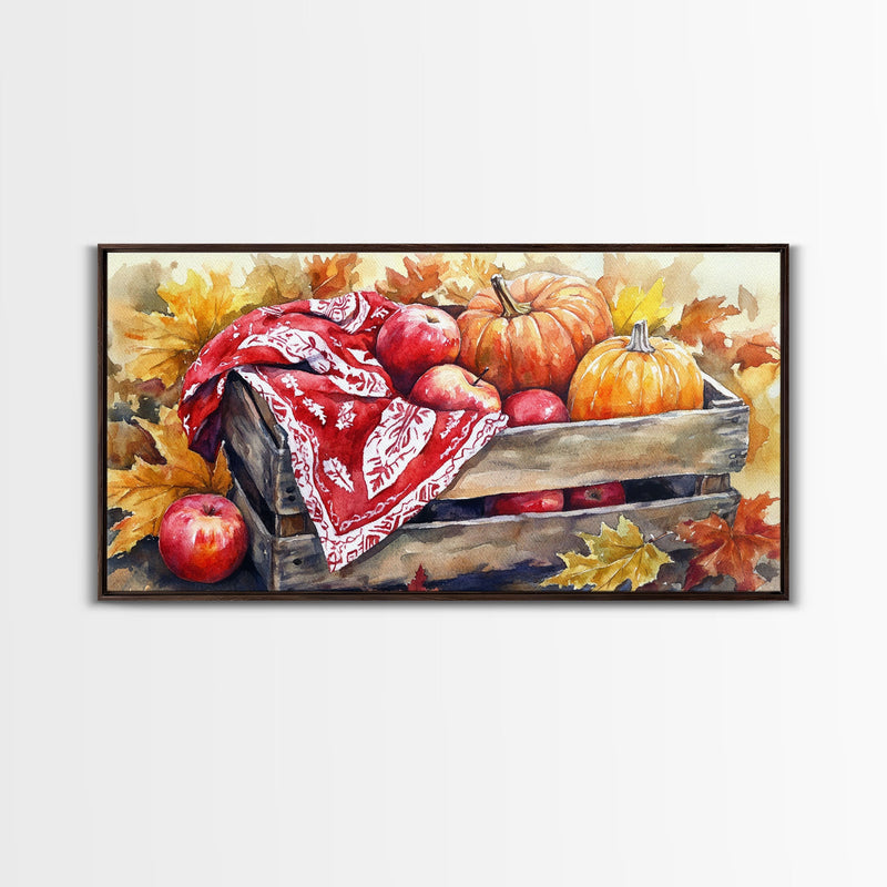 Basket With Pumpkins And Apples Framed Canvas Print Tall Art Rustic Fall Decor Thanksgiving Autumn Harvest Home Wall Art Farmhouse Gift Idea