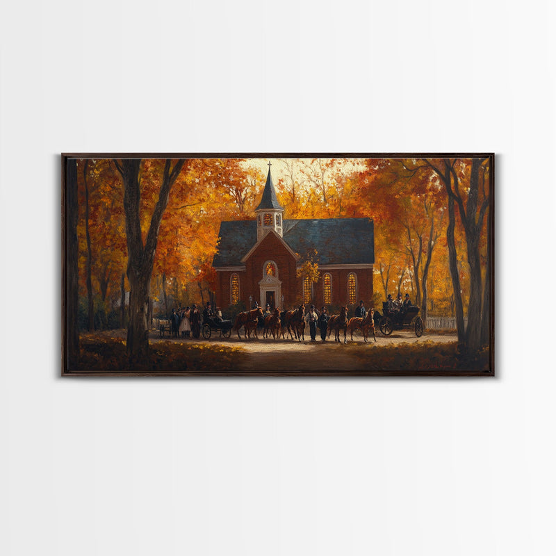 Beautiful Country Church in Autumn Scene Framed Canvas Print Fall Art, Rustic Autumn Church Scene, Vintage Wall Art Home Decor