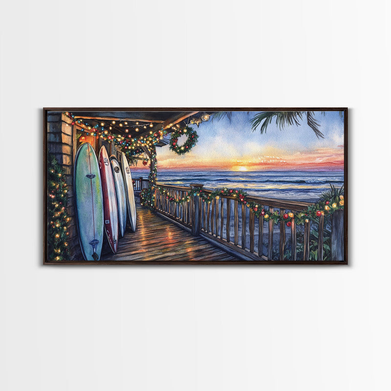 Beachfront porch with surfboards and Christmas lights, Framed Canvas Print with wreaths festive lights, coastal holiday wall art and decor