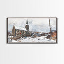 Snowy church scene framed canvas print, stained glass church in winter with snow-covered rooftops, perfect Christmas or holiday art display